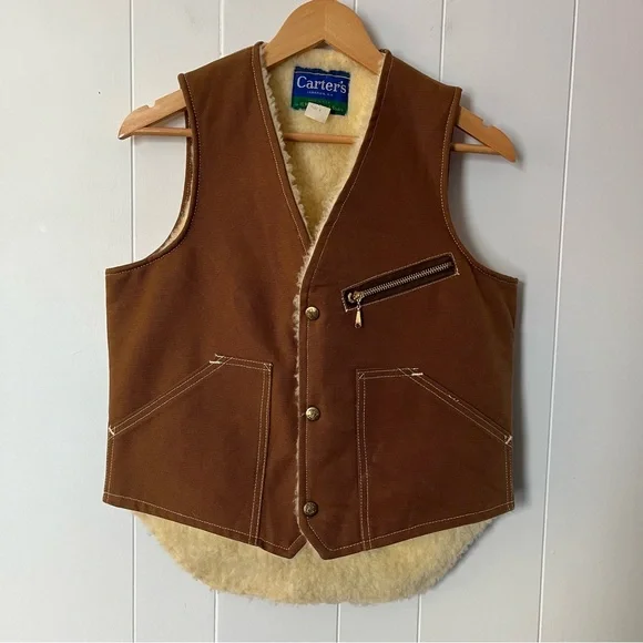 Vintage Carters Fleece Lined Canvas Vest 1970s Work Sherpa Duck USA Brown Tan - Picture 2 of 13